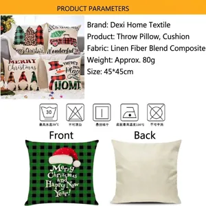 Weihnachts-Kissenbezug aus Leinen mit grünem Karo und Weihnachtsmützen-Design