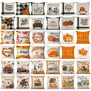 Set of 30 fall theme linen pillow covers featuring pumpkins and autumn leaves designs