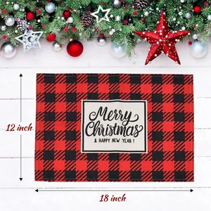 Detailed view of Christmas buffalo plaid placemat with 18x12 inch dimensions shown