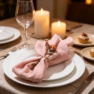 Elegante rosa Serviette aus Bambus-Baumwolle mit rustikaler Kordel und Trockenblume