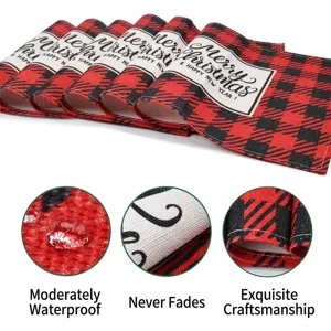 Detail view showing waterproof and durable texture of red and black Christmas placemats.