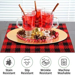 Detail view showing Buffalo plaid placemat with stain-resistant and non-slip icons.