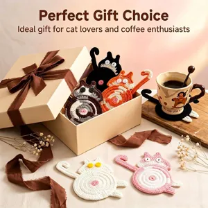Handgefertigte Häkel-Untersetzer im Katzen-Design in Geschenkbox für Kaffee-Liebhaber
