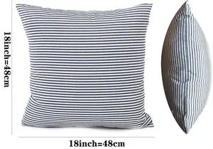 Detail of blue and white striped cotton linen pillowcase with 18-inch size marking