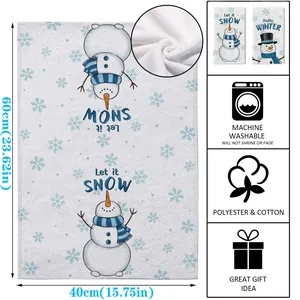 Details of winter snowman kitchen towel showing size, machine washable info and texture.