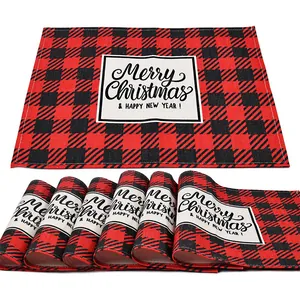 Heat resistant red and black buffalo plaid Christmas placemats with Merry Christmas text