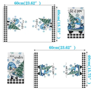 Detail of Christmas gnomes and snowman kitchen towels with 60x40cm dimension markers