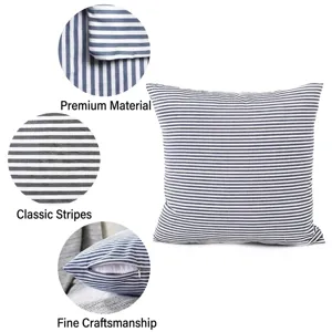 Blue and white striped cotton linen throw pillow cover with hidden zipper detail