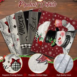 Close-up details of festive Christmas placemats showing printing and linen texture