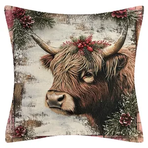 Housse de coussin de Noël en lin avec imprimé de vache écossaise festive de luxe.