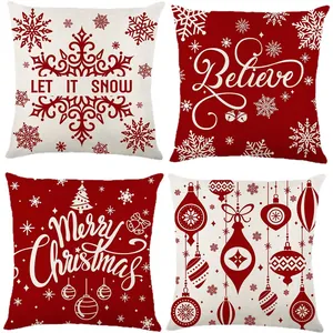 Set di quattro federe per cuscini natalizi in lino rosso e bianco con stampe festive