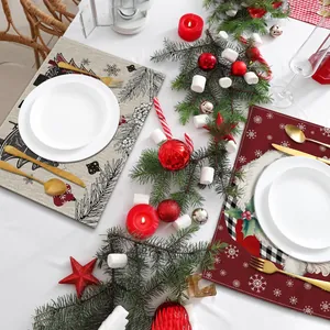 Detailed view of Christmas themed printed placemats on a festive holiday dining table