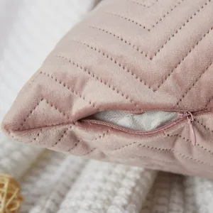 Dusty rose quilted velvet pillowcase with hidden zipper detail and chevron pattern