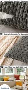 Gros plan sur la texture popcorn du coussin en velours côtelé gris et la fermeture éclair