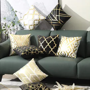 Housse de Coussin Super Douce Avec Dorature à la Feuille Motif Géométrique Classique Européen Avec Fermeture Éclair Invisible Taie d'Oreiller Pour Canapé Décoration