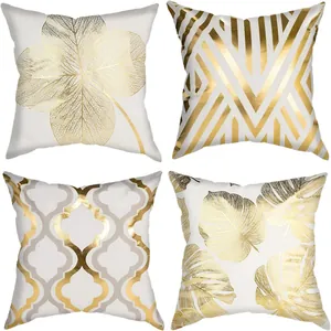 Lot de 4 taies d'oreiller décoratives blanc et or avec motifs géométriques