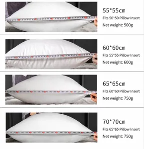 Size and weight specifications for various square white cushion inserts.