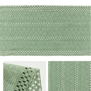 Sage green cotton linen table runner with geometric crochet pattern for home dustproof decor