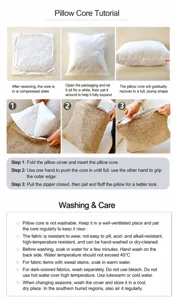 Detailed guide for unpacking, assembling, and washing a white square pillow insert