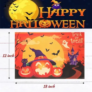 Festive Halloween pumpkin cotton linen placemat with bats and haunted castle 18x12 inch