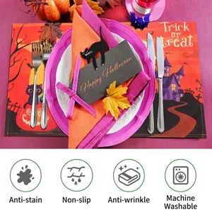 Festive Halloween cotton linen placemat and napkin set with orange pumpkin design