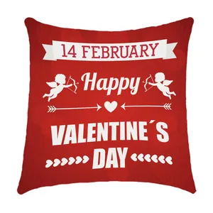 Detail van rode vierkante kussensloop met feestelijke Happy Valentine's Day-opdruk