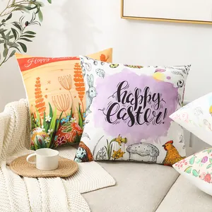 Happy Easter Pillowcase Watercolor Rabbit Bunny Eggs Floral Pattern Throw Pillow Cover Peach Skin Cushion Case For Sofa Home Decor