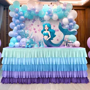 Macaron Gradiënt Meerlaagse Tule Tafelrok Geplooide Ruches Polyester Tafelkleed Voor Bruiloft Feest Baby Douche Decoratie