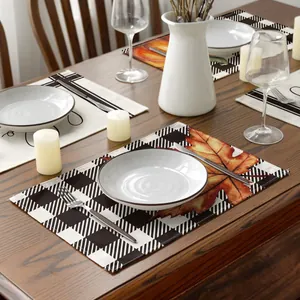 Thanksgiving cotton linen placemats featuring black plaid and maple leaf print