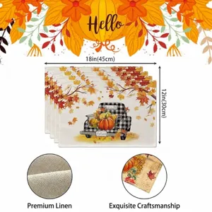 Harvest Thanksgiving placemats set with pumpkin and maple leaf print, 12x18 inch linen fabric