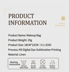 Specifiche del prodotto e istruzioni per il lavaggio della borsa cosmetica in lino.