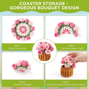 Handmade crochet rose bouquet coaster set instructions showing how to fold into a basket.
