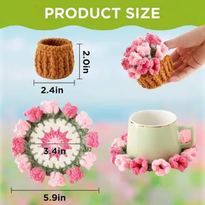 Handmade crochet rose flower coaster and pot holder set showing product dimensions