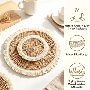 Nordic Natural Straw Woven Round Placemat With Cotton Tassel Fringe Heat Resistant Insulation Table Mat For Dining Table Home Decor Coaster Pot Pad