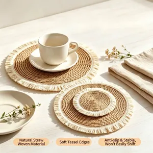Set of Nordic natural woven reed placemats with stylish fringe for heat insulation