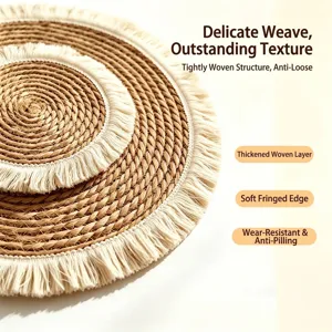 Natural handmade straw woven placemats with elegant white decorative fringe tassels