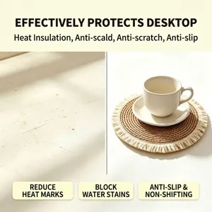 Natural handwoven straw coaster with fringe, heat-resistant boho table mat for coffee cups