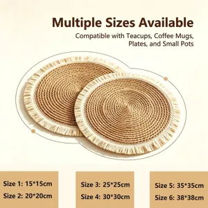 Natural woven straw placemats with fringe decor, heat resistant mats in various sizes