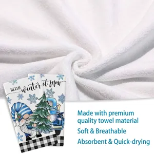Christmas microfiber kitchen towel with festive gnome and snowflake print