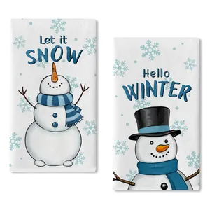 Set of festive microfiber kitchen hand towels featuring cute snowman winter prints