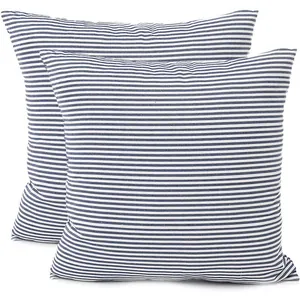 Set of 2 navy blue and white striped cotton linen throw pillowcases for sofa decor