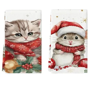 Festliche Weihnachts-Geschirrtücher aus Stoff mit süßen Katzen- und Maus-Motiven