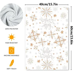 Detailed view of winter snowflakes dish towel with material and size specifications.