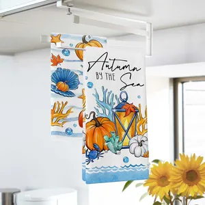 Autumn by the sea pumpkin and sea coral striped decorative kitchen hand towels