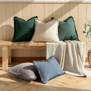 Natural Linen Cushion Cover Bohemian Style Solid Color Tassel Pillowcase For Bedside Sofa Decorative Throw Pillow Cover