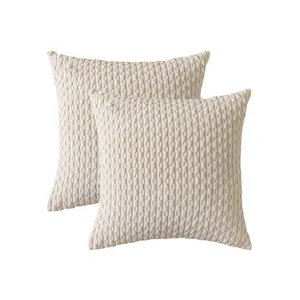 Pair of cream corduroy textured square throw pillow covers with modern stripe pattern