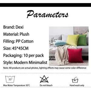Specification detail for solid color velvet cushion cover in multiple colors