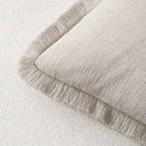 Detailed macro view showing the natural beige linen texture and fringe tassel of the pillowcase.
