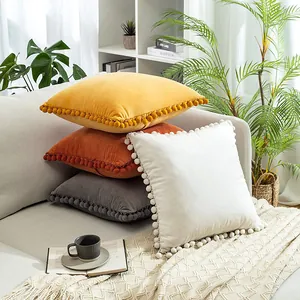 Solid Color Velvet Decorative Throw Pillow Cover Soft Cozy Cushion Case With Pom-Pom Trim Invisible Zipper For Sofa Couch Home Decor
