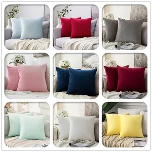 Assortment of solid color velvet cushion covers in nine different shades for sofa home decor